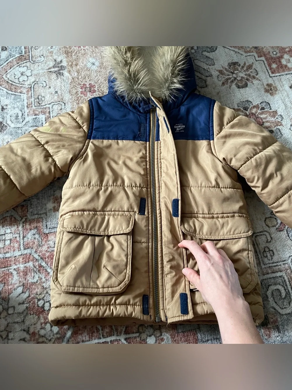 Osh Kosh Bgosh 4T Puffer Winter Jacket with Faux Fur Hood - Tan and Navy